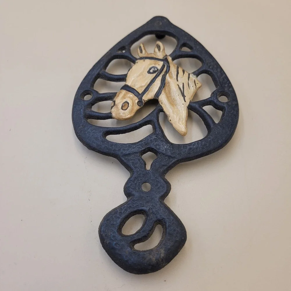 Vintage Cast Iron Horse Head Trivet Black Cream Farmhouse Equestrian Decor 7x4